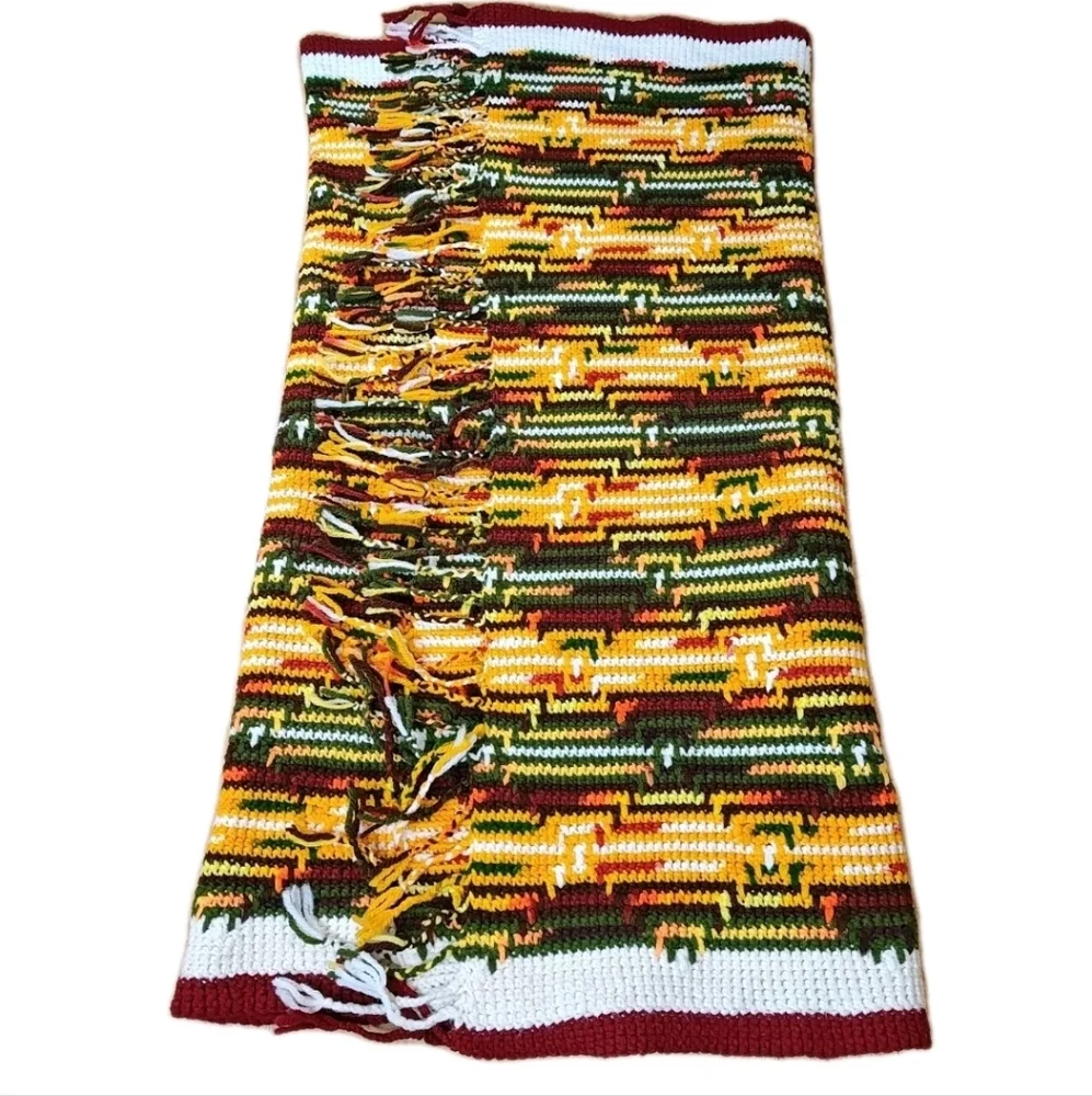 Retro 70s Fringed Crochet Blanket Scarf Wrap Shawl Handmade Lap Throw Fall 36/72